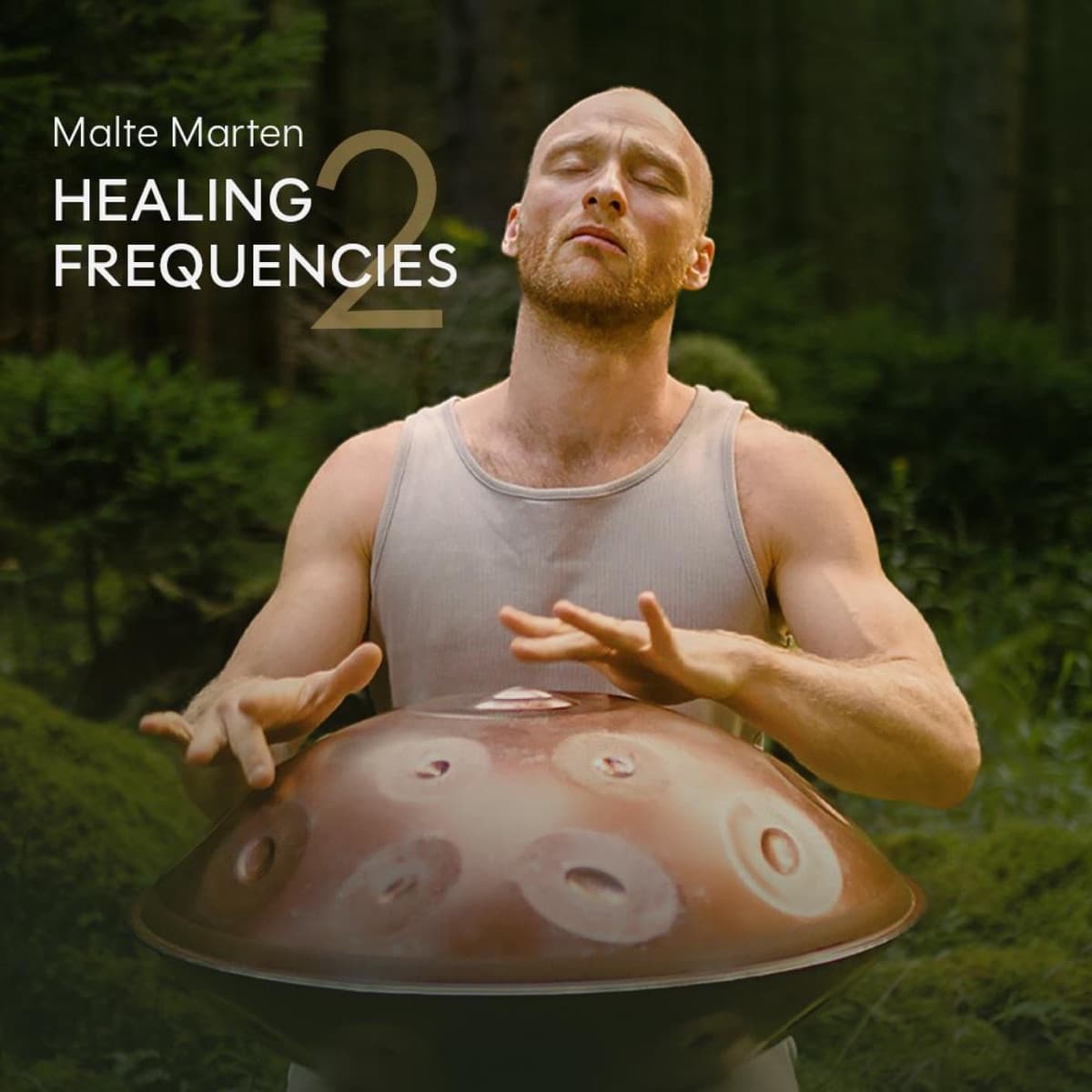 Cover von Healing Frequencies 2: Malte Marten spielt mit geschlossenen Augen Handpan im Wald